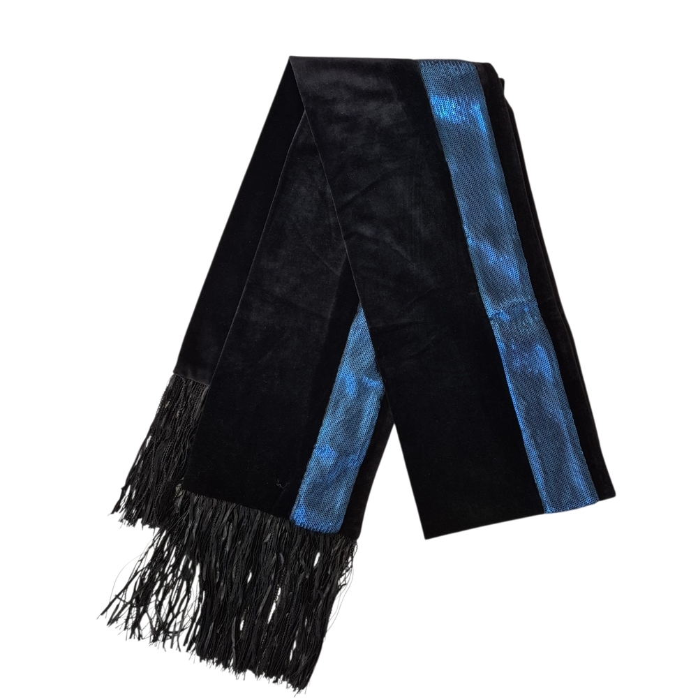 DKNY Black Velvet Blue Sequin Stripe Fringe Evening Scarf NWT